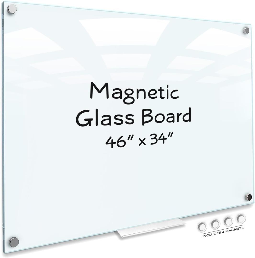 SCRIBBLEDO Glass Whiteboard 46 x 34 inch (4' x 3') Glass Dry Erase Board for Wall Frameless Large Office Wall Mount Frosted White Board for Work Home and School with Marker Tray Included