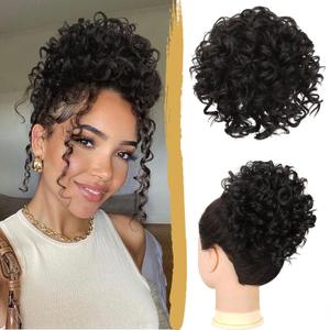 PEACOCO Messy Bun Short Curly Ponytail Extension Elastic Drawstring Loose Hair Bun Hair Pieces for Women with Thinning Hair Synthetic Fiber Hair Bun Extension 80g, Black Brown To Black