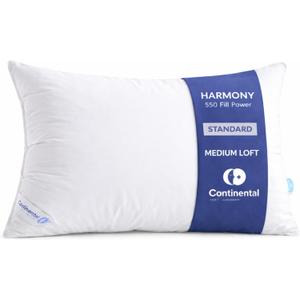 Continental Bedding Harmony White Goose Down Pillow 550 Fill Power Medium Loft 100% Cotton 300 Thread Count Shell Standard Size 1 Pack Made in USA