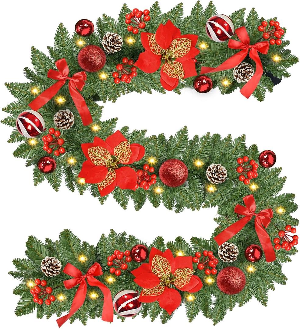 Christmas Garland with Lights 9FT Timer Prelit Garland Battery Operated Outdoor Indoor Christmas Decorations 30 LEDs Lighted Garland for Stairs Railing Fireplace Mantle Front Door Home Holiday Decor