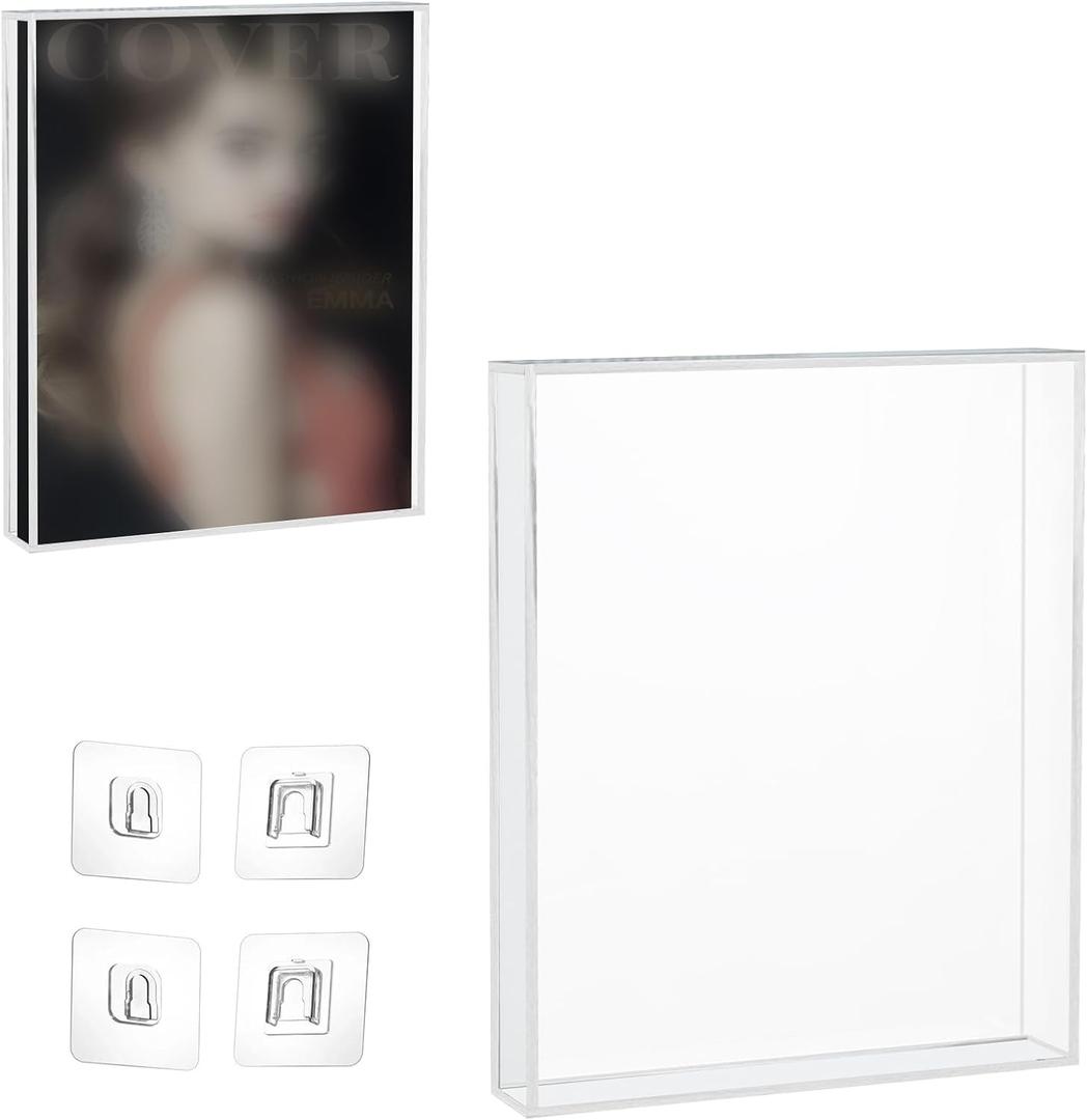 Clear Acrylic Display Case for Magazine Book, 9 x 1 x 11.5 Inch Wall Mounted Storage Box with Adhesive Mounting Buckles, Vertical Single Book Showcase for Collectible Magazine or Comic Book