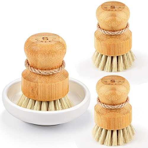 Bamboo Dish Scrub Brushes,Kitchen Wooden Cleaning Scrubbers Set for Washing Cast Iron Pan/Pot, Natural Sisal Bristles, Set of 3 Bamboo Dish Scrub Brushes,Kitchen Wooden Cleaning Scrubbers Set for Washing Cast Iron Pan/Pot, Natural Sisal Bristles, Set of 3