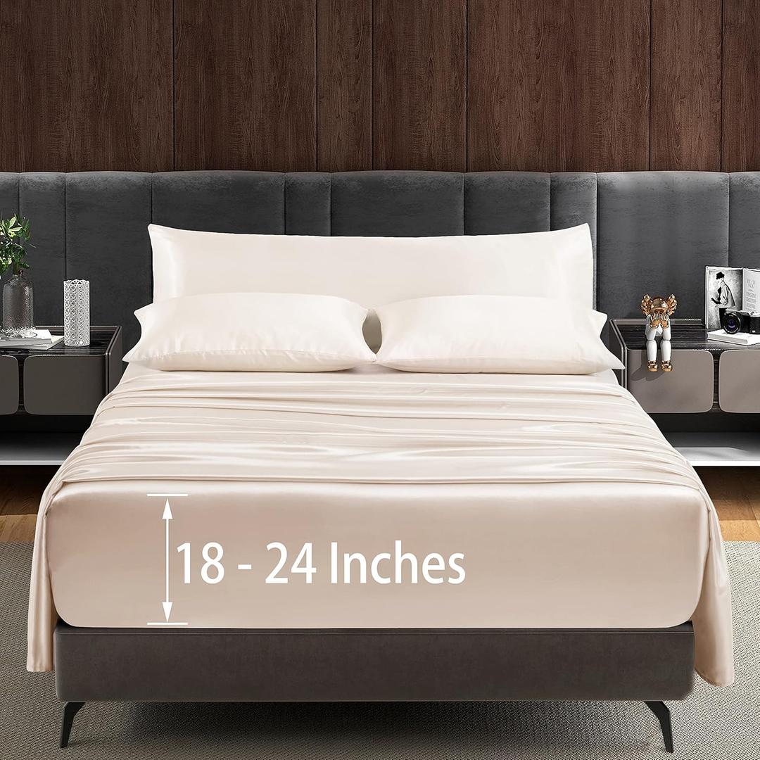 Entisn 5Pcs Extra Deep Pocket Satin Sheets for Queen Size Bed - Up to 24" Mattress, Luxury & Ultra Soft Bedding Sheets Set, Silky Satin Bed Sheets with Body Pillow Cover - Champagne