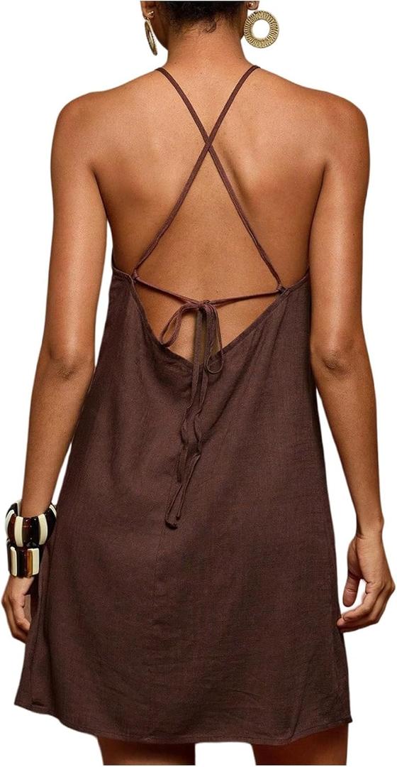 RoseSeek Women's Boho Tropical Tie Backless Halter Dresses Sleeveless Vacation Beach Short Dress (Brown), S