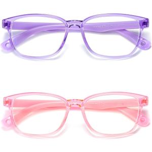 Kids Blue Light Blocking Glasses 2 Pack, Anti Eyestrain & UV Protection, Computer Gaming TV Phone Glasses for Boys Girls Age 3-9 (Transparent Purple+ Transparent Pink)