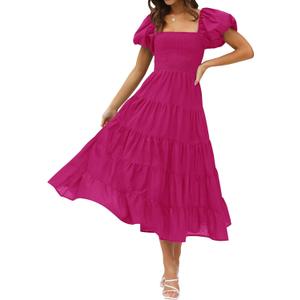 ZESICA Women's 2025 Summer Square Neck Short Puff Sleeve Solid Color High Waist Casual Smocked Flowy A Line Tiered Midi Dress, M