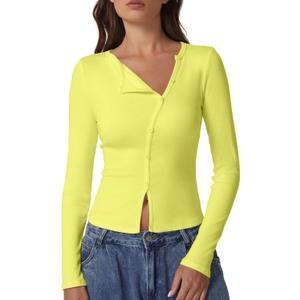 QINSEN Women's Long Sleeve Ribbed Crewneck Shirts Upper Button Fastening Going Out Tops (Yellow, S)