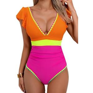Aidonger Women's One Piece Ruffle Swimsuit Tummy Control Bathing Suit V Neck Shell Stitched Swim Suit Slimming Swimwear  L