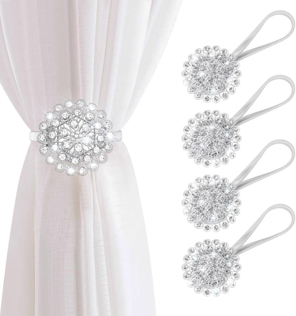 AULEEP Magnetic Curtain Tiebacks, 4 Pack Magnetic Crystal Decorative Drapes Curtain Clips Buckle, Flower Curtain Tie Back, European and American Style (Silver) (7*6*1.5)