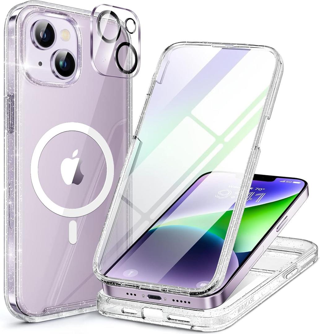 Miracase Glass Series Designed for iPhone 14 Plus Case 6.7 inch, 2023 Upgrade Full-Body Magnetic Clear Case with Built-in 9H Tempered Glass Screen Protector,Compatible with MagSafe,Clear Glitter