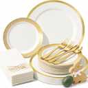 By Madee HEAVYWEIGHT Fancy Plastic Dinnerware Sets  White and Gold Disposable Plates, Premium Cutlery & Linen-Like Napkins | Elegant Disposable Dinnerware Set - 175 Pc for 25 Guests