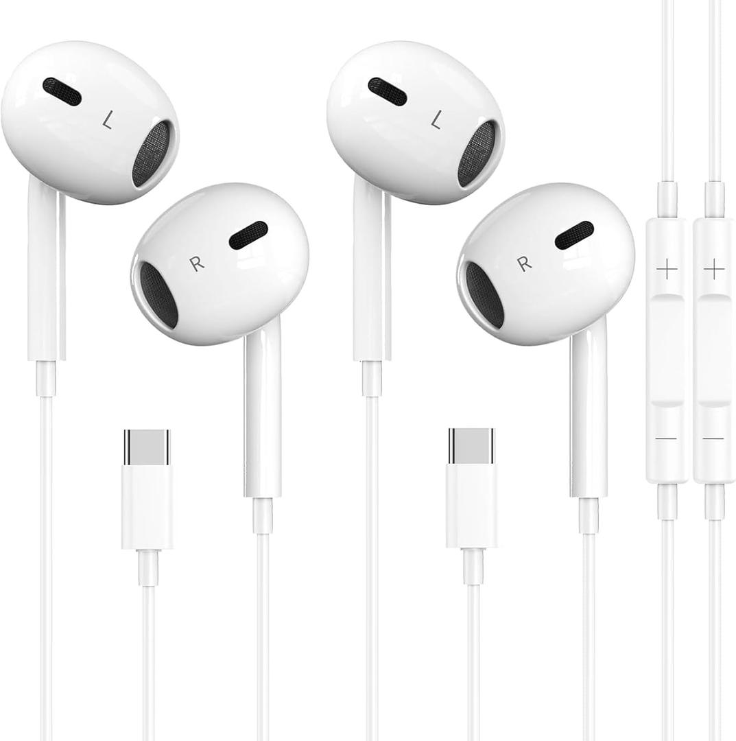 2 Packs USB C Headphones for iPhone 17/16/15 Earbuds, Type C Earphones with Mic & Remote Control Noise Cancelling for iPhone 17 16 15 Pro Max Plus, iPad Pro, Galaxy S25/S24/Ultra Note 10/20 and More (White)