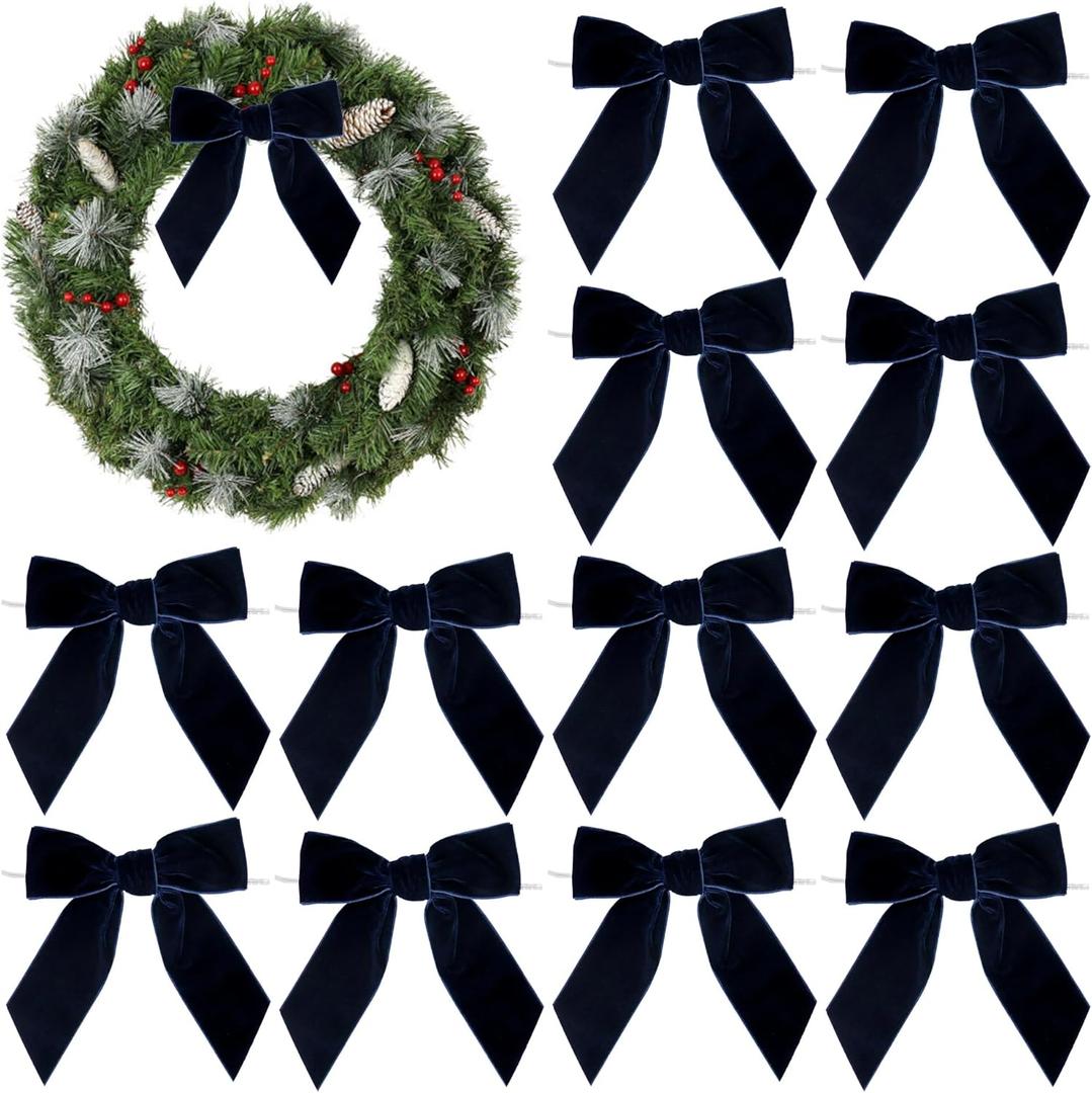 AIMUDI Navy Blue Velvet Bows 4.5" Christmas Bows for Tree Premade Bows for Wreaths Twist Tie Bows for Gift Wrapping, Festive Winter Decor, Tree Garland, Swag, Wedding Decor - 12 PCs