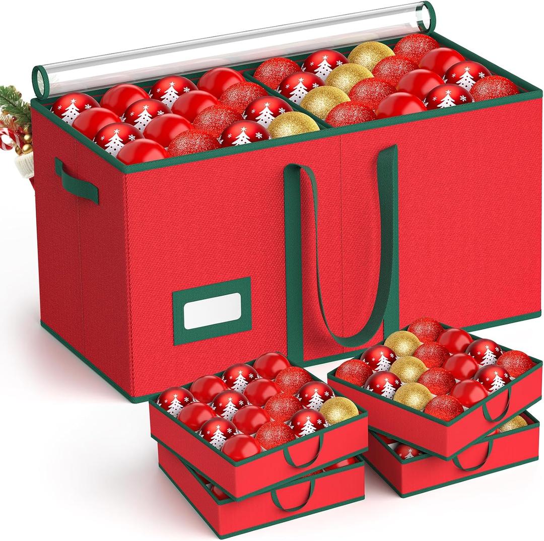 Christmas Ornament Storage Box Store 128 Ornaments, Xmas Ornament Organizer Storage box with Dual Zipper Closure and Adjustable Dividers, Large Holiday Decorations Containers with 8 Individual Trays (Red)