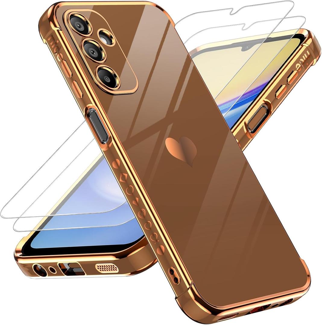 LeYi for Samsung A15 5G Case: with Tempered Glass Screen Protector, Full Camera Lens Protection, Love Heart Plating Luxury Shockproof Case for Galaxy A15 5G, Cute Present for Mom, Brown
