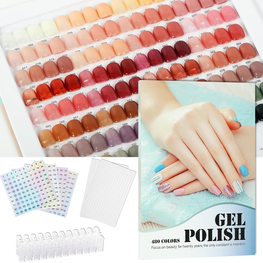 480 Nail Colors Book,Professional Nail Polish Chart Book with 600 Practice Tips & 1-500 Number Labels, Pre-Numbered Slots,Perfect for Salons and Home Use(Blue)