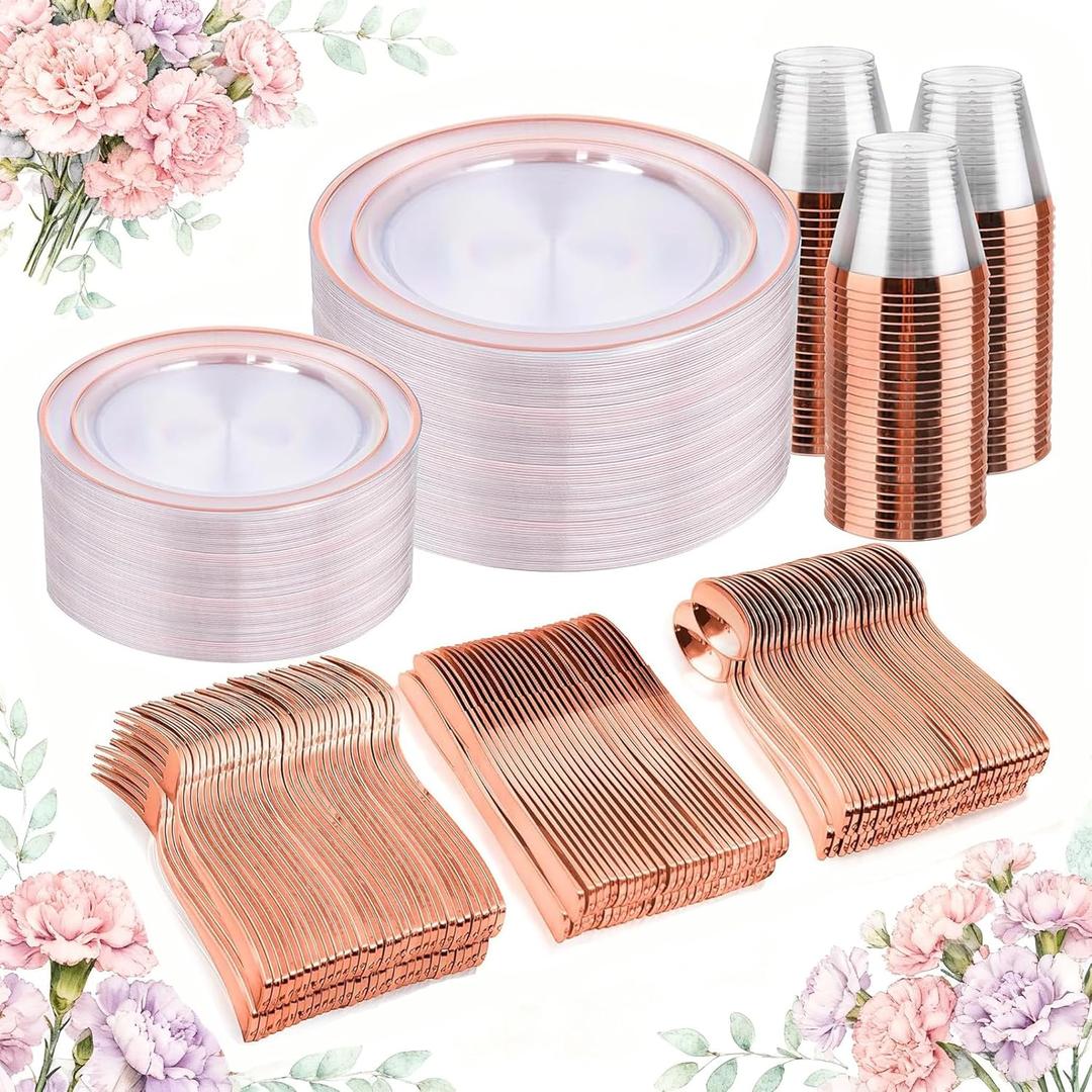 BUCLA 300PCS Rose Gold Plastic Dinnerware - Clear Dinnerware Set Disposable Include 50 Dinner Plates,50 Dessert Plates,50 Knives,50 Forks,50 Spoons,50 Cups for Party, Wedding & Mother's Day