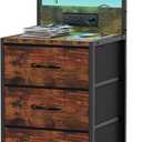 SZLHANJZ Night Stand, Nightstand with Charging Station and Led Lights, 3 Drawers Night Stand with Storage Shelf and Hooks, Tall End Side Table for Bedroom, Rustic Brown