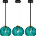 Cyan Blue Glass Pendant Lights Kitchen Island 3 Pack 7.87 in Hand Blown Glass Globe Pendant Light Fixtures Modern Pendant Lighting for Kitchen Island Bedroom Dining Room