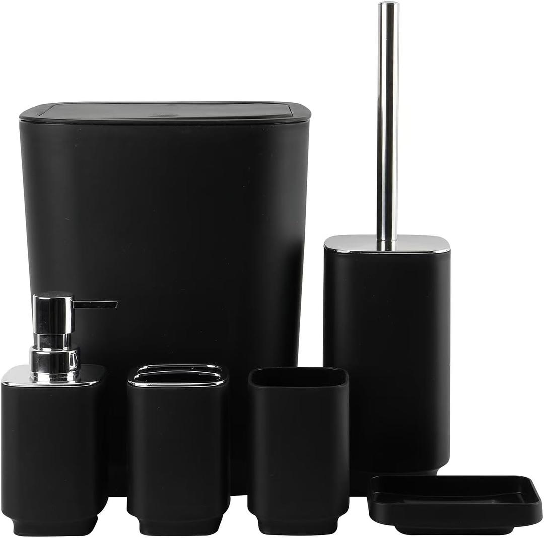 Bathroom Accessory Set 6 Piece Bathroom Accessories Set with Toothbrush Holder&Cup,Soap Dispenser& Dish,Toilet Brush Holder,Trash Can Plastic Gift Set for Bathroom Decorative Countertop (Black