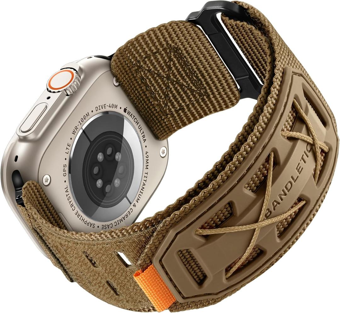 Bandletic Compatible with Apple Watch Series 10 Band Men Women, Wide Tactical Military Nylon Loop Sport Bands for iWatch 49mm(Ultra 3/2/1),46mm(11/10),45mm(9/8/7),44mm(SE3/SE2/SE/6/5/4),42mm(3/2/1) (Tan)