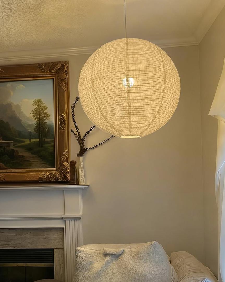 20inch Round Linen Pendant Lamp Shade Can replace White Paper Lanterns Hanging Lampshade Handmade Fabric Linen Lantern Lights Covers for Living Room Artistic Bedrooms Minimalist