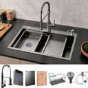 Black Drop-in Kitchen Sink: 30in Workstation Deep Single Bowl& Accessories
