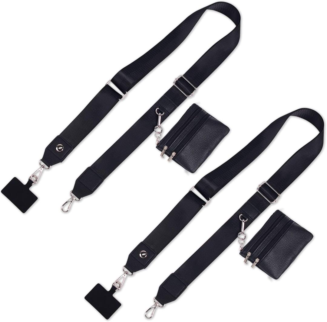 2 Pack Clip and Go Strap for Phone with Wallet Crossbody - Phone Strap Crossbody with Zippered Pouch, Multifuctional Adjustable Cell Phone Lanyard for Going out (Black + Black)