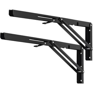 YUMORE Folding Shelf Brackets, 20 Inch Heavy Duty L Bracket, Black DIY Collapsible Shelf Bracket for Workbench Folding Table Hinge, Max Load: 330lb, Pack of 2