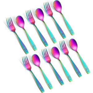 Pimoys 12 Pieces Toddler Utensils Kids Rainbow Silverware Set, Stainless Steel Childrens Safe Forks and Spoons, Metal Kids Cutlery Set, Dishwasher Safe