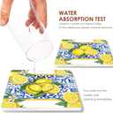 Coasters for Drinks Set of 6, Yellow Lemon Fruit Blue Ceramic Tiles Pattern Absorbent Square Ceramic Stone Mat, with Cork Base and Metal Holder, Gift for Housewarming Room Bar Decor