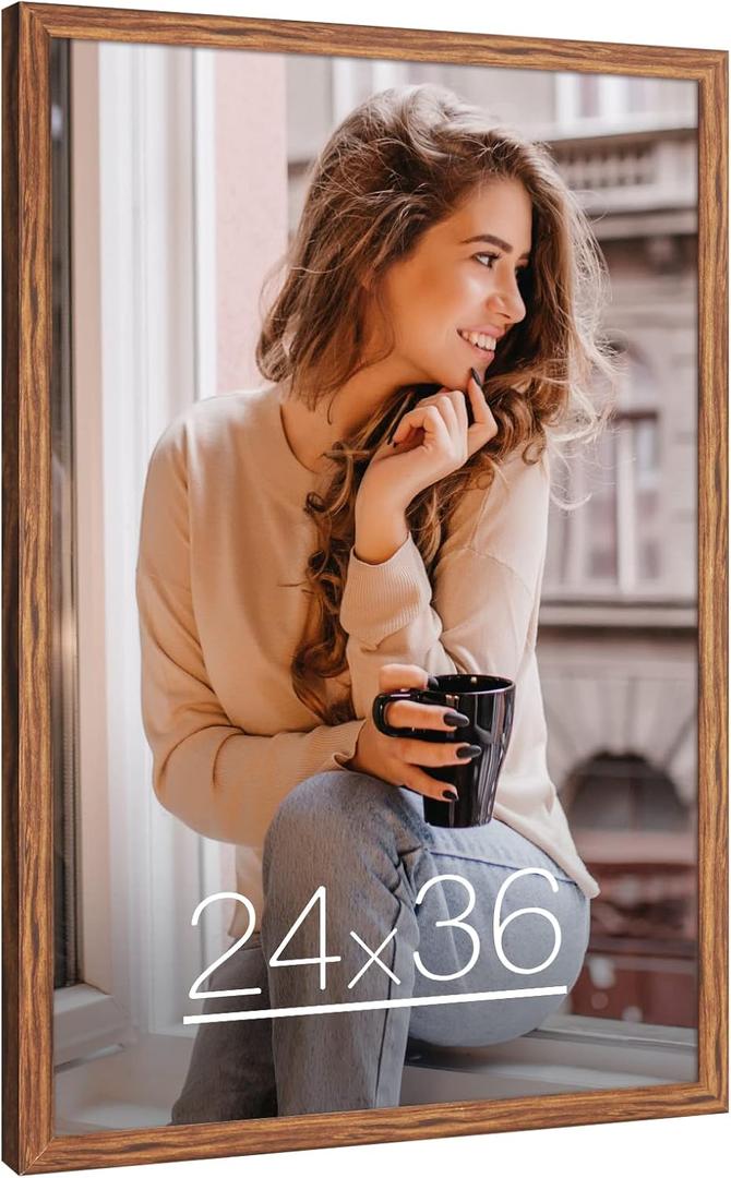 24x36 Poster Frame Brown Wood, Rustic Natural 36x24in Woodgrain Picture Frame, Modern Brown 24 x 36inch Gallery Wall Photo Frame with HD Plexiglass, Horizontal Vertical Wall Mounting Display 1pcs