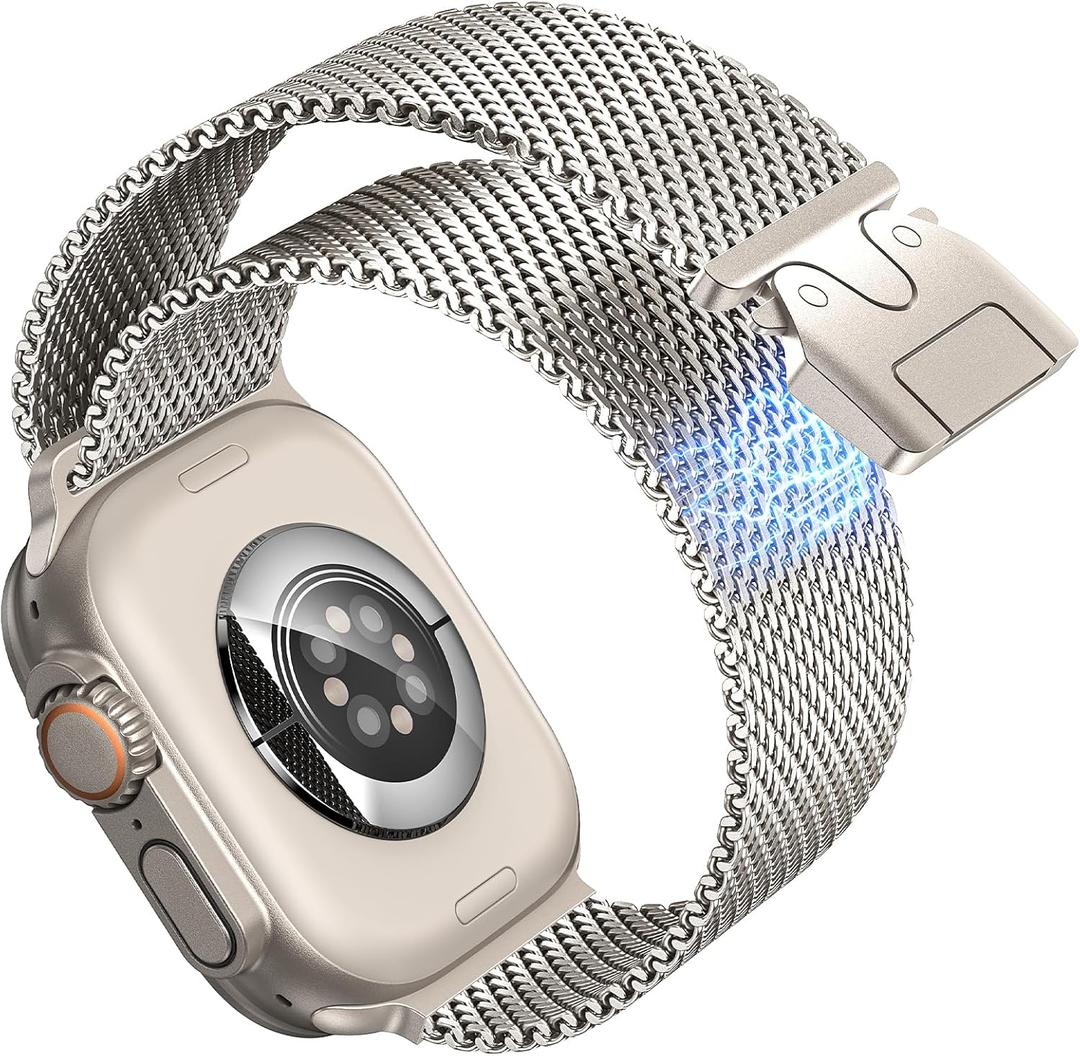 Goton Milanese Magnetic Band Compatible with Apple Watch Band Ultra 2 Ultra for Men Women 49mm 46mm 45mm 44mm 42mm, Stainless Steel Milanese Mesh Loop Strap for iWatch SE Series 10 9 8 7 6 5 4 3 2 1 (Natural Titanium)