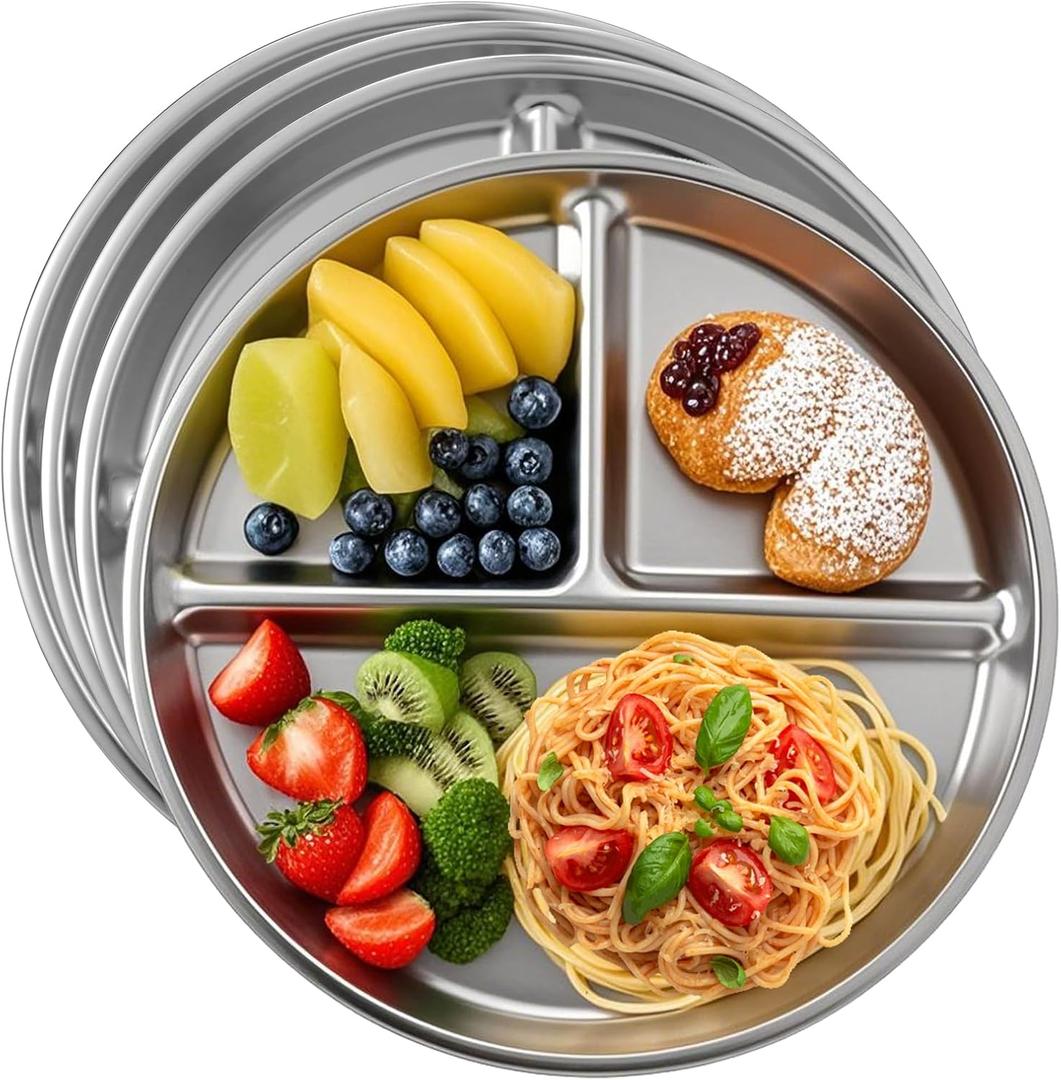 4pcs 304 Stainless Steel Kids Plates9"Non-Toxic Circular Portion Control PlateSuitable For Children To Use,Portion Plates For Weight Loss AdultsReusable, Non-Toxic, Anti Drop, And Dishwasher Safe