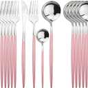 Silver Silverware Set, 24-Piece Stainless Steel Flatware Set Service For 6, Mirror Polished Pink Handle Tableware Cutlery Set Knife Fork And Spoon For Home & Restaurant, Dishwasher Safe
