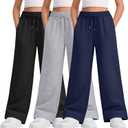 3 Packs Teen Girls Sweatpants Wide Leg Drawstring Baggy Pants Straight Leg Athletic Trousers with Pockets Size 5-14 (9-10 Years, Navy Blue, Light Heather Gray, Black)