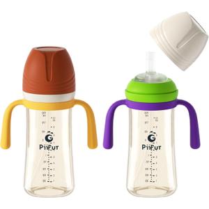Piifur Sippy Cups for Toddlers 1-3 No Spill Straw with Handle Water Bottle 2 Pack 10 Ounce Green&Beige