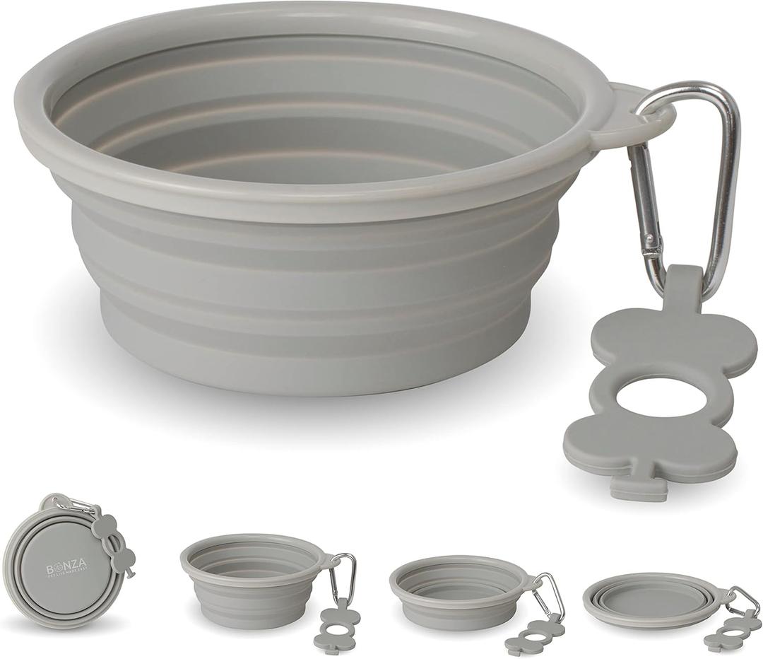 Bonza Collapsible Dog Bowls - Medium 25 oz, Dog Travel Accessories, Silicone Portable Dogs Bowl & Water Dish with Reinforced Rim & Carabiner for Hiking, Camping, and Car Trips, Light Gray