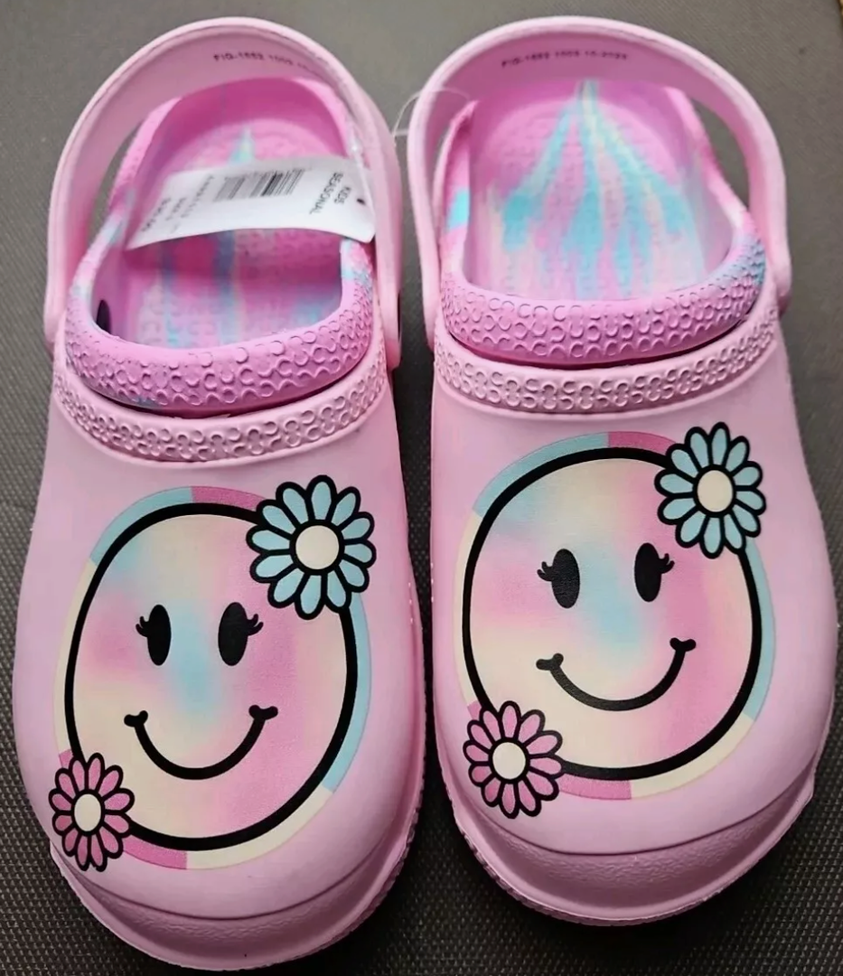 Smiley Face Size 3 Pink Children's Clogs Slip-on Slides Non-Slip Beach 12