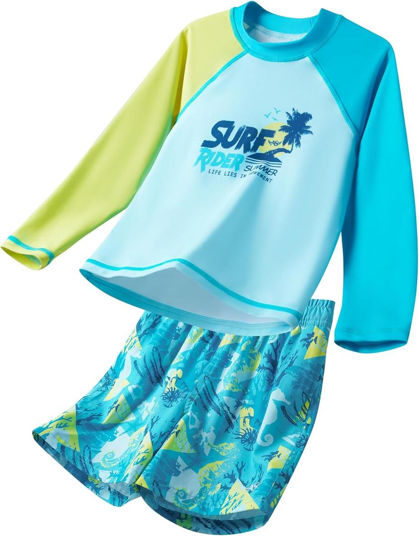 Angel season Boys Swimsuit Toddler Rash Guard Swim Set Long Sleeve Shirt with Swim Trunks Bathing Suit UPF 50+ Swimwear (5-6 Years, Blue Ocean Surfing)