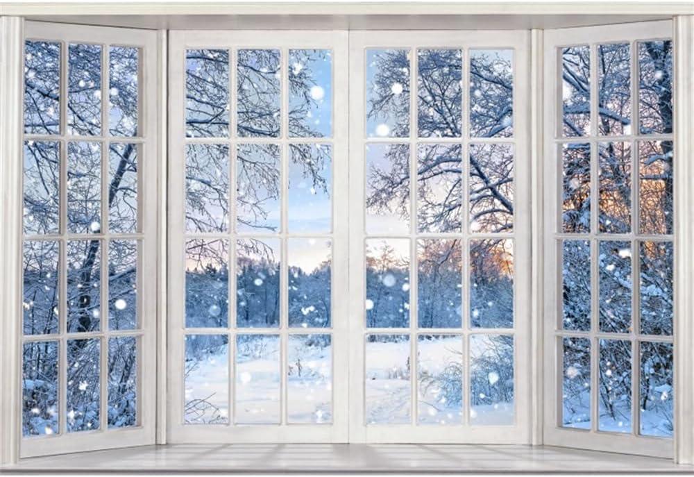YongFoto Winter Snow Window Scene Backdrop 6x4ft Tree Rime Snowfield Snowy Photography Background Christmas New Year Event Party Banner Room Decor Portraits Photoshoot Wallpaper Studio Booth Props (6ftx4ft, Style 1)