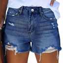 MINGALONDON Women's Denim Shorts Summer Mid Waist Ripped Raw Cut Hem Distressed Stretchy Jean Shorts (L)