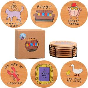 Friends TV Show Merchandise,Friends Drinks Coasters Set of 6,Bamboo Coasters with Holder,Friendsgiving Gift Ideas, for Friend