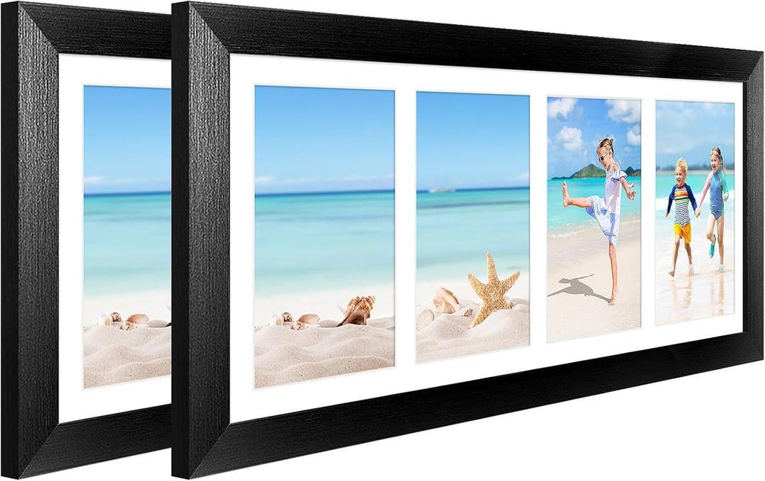 7x17 Collage frame with 4 Openings 4X6 Pictures, Multiple Picture Frame with Mat, Wall or Tabletop Decor, Black Wood Grain,2 Pack
