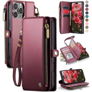 Defencase Compatible with iPhone 16 Pro Case Wallet with RFID Blocking Card Holder for Women Men, Soft PU Leather Magnetic Snap Flip Zipper Strap Wallet Phone Case Fit for iPhone 16 Pro 6.3", Wine Red