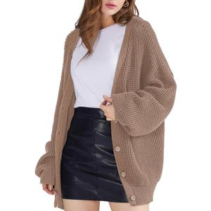 QUALFORT Cardigan Sweaters for Women 100% Cotton Button-Down Long Sleeve Oversized Knit Outerwear (Large, Camel)