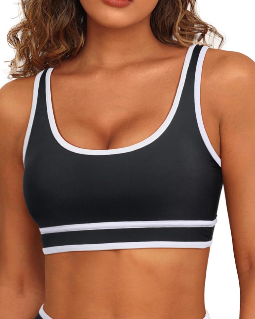 Women Sports Bra Bikini Top Athletic Bathing Suit Swimsuit Top for Teen Girls (Medium, Black White)