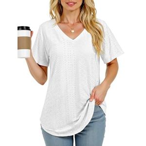 Womens V-Neck T-Shirts 2025- Soft Loose Fit Casual Tees with Curved Hem for Everyday Wear White, S