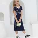 Girl's T Shirt Long Dress, Maxi Cotton T-Shirt Dress for Children Casual V Neck Short Sleeve Letter Print 4-13 Years (Blue)