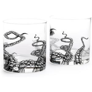 Black Lantern Octopus Tentacle Whiskey Glasses - Set of Two 11oz. Old Fashioned Glasses with Gift Box